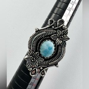 Larimar 925 Large Floral Design Gemstone Ring size 8.75